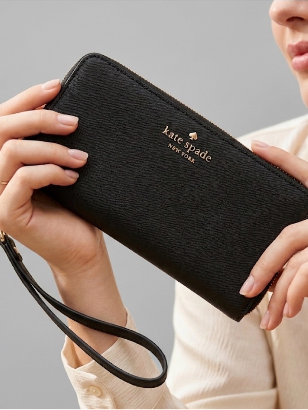 Kate Spade Black Saffiano Leather Zip-Around Continental Wristlet Wallet